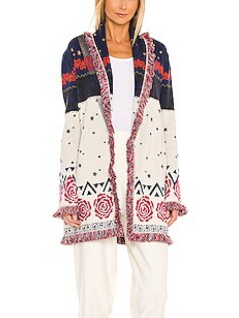 525 America Jacquard Belted Cardigan Sweater in Cream Multi Size Large